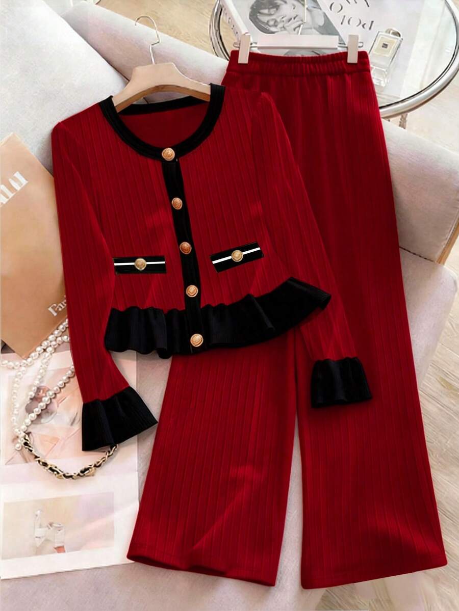 SHEIN LUNE 女款黑色與紅色對比下擺與荷葉邊袖口鈕扣T恤與寬腿褲套裝,優雅秋季茶會穿搭,柔軟舒適2件套 - 紅色 - 查看 1