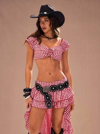 TypaGal 女士夏季时尚格子露脐上衣（不对称下摆）和迷你裙两件套