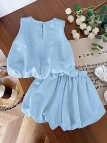 Genkimix Kids 2pcs Young Girl Bow Decor Casual Sleeveless Top + Solid Color Casual Shorts Set - Blue - View 2