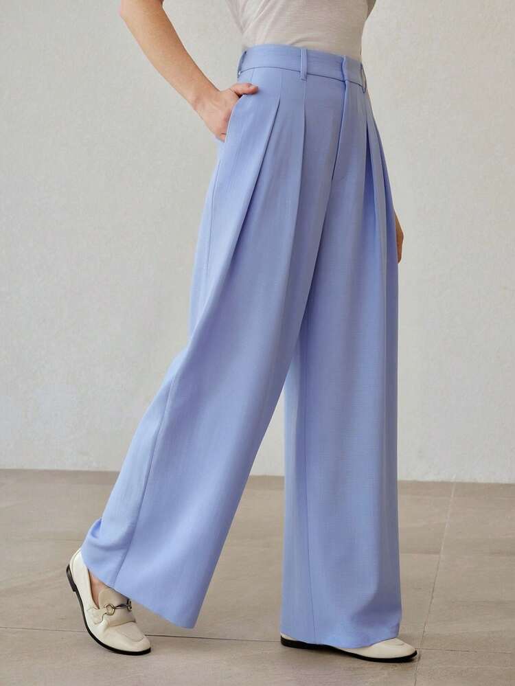 HIGH WAIST CASUAL SEAM FRONT WIDE LEG MINIMALIST SUIT PANTS
