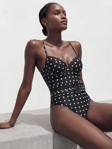 Maija Women's Polka Dot Print Camisole One Piece Swimsuit Vintage Swimsuit Polkadot Bikini Polka Dot Swimsuit Polka Dots Bathing Suit Bathing Suits For Women Polka Dot Women's Swimsuits Women's Bathing Suit Full Coverage Polka Dot Swimsuit One Piece One Piece Swimsuit Women - Black - View 5