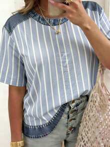 EMERY ROSE Áo thun nữ tay ngắn raglan cổ tròn kẻ sọc dáng rộng thoải mái - Màu xám đen - Xem 3