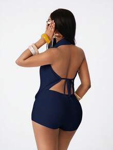 Vadaroq Bộ đồ liền thân nữ mùa xuân/hè phong cách đường phố sành điệu, cổ chữ V, gợi cảm, thích hợp cho kỳ nghỉ, mang hơi hướng Y2K, chất liệu co giãn, thoải mái, màu trắng. - Xanh đậm - Xem 2