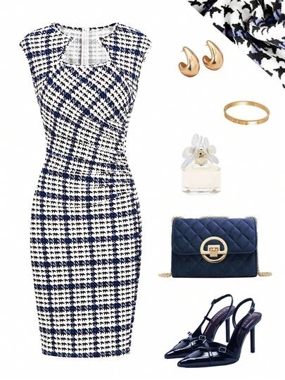 Ellevyn Women's Fashionable Elegant Party Houndstooth Mini Dress Summer Dress  Blue Dresses For Women Casual Dress For Women Formal Attire For Women  Summer Women's Comfortable Loose Elegant Casual Stretch Knit Gathered Waist Short Blue Plaid Print Dress (Blue And White Plaid)