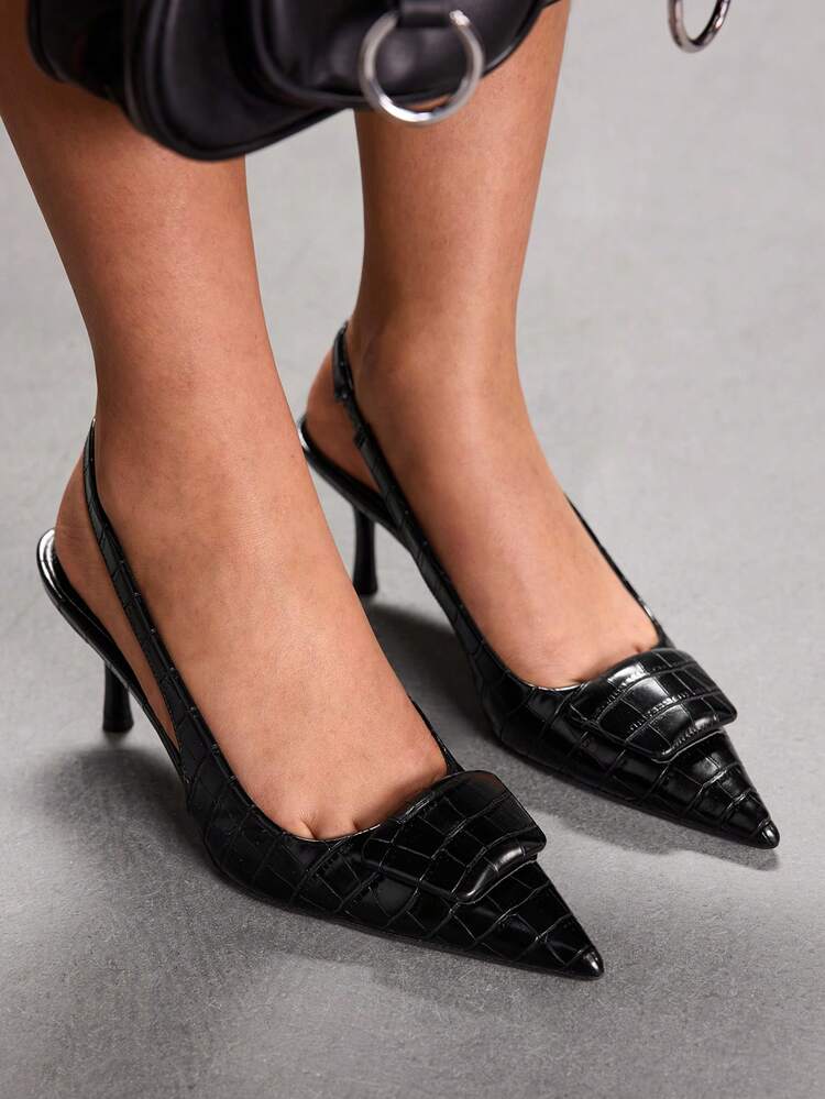 CUCCOO SZL Women's Shoes Crocodile Pattern Pointed Bow Thin Heel Slingback Heels, Elegant And Capable Style With A Sense Of Fashion And Retro, The Details Of The Use Of Crocodile Pattern Material, Pointed Design, Bow Decoration And Thin Heel And Slingback Style, Function Can Modify The Foot Shape, Enhance Temperament, Suitable For Workplace Commuting, Formal Dinners Or Urban Women's Daily Collocation And Other Scenes, Suitable For The Pursuit Of Fashionable And Sophisticated Women's Crowd.