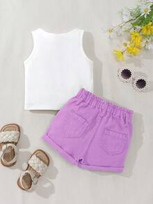 SHEIN Playful Pals 女婴吊带短裤套装 春夏新款 甜美清新雏菊印花无袖上衣 紫色短裤 舒适优质棉质 日常基础款 上学服 度假棉质春夏装 女婴两件套 儿童女童套装 女婴服装 夏季女婴服装套装 春季女童服装 - 紫色 - 查看 3