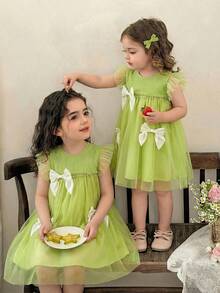Elladie kids 夏季女童绿色网纱短袖连衣裙，饰有3个蝴蝶结，舒适网纱面料，适合各种场合、派对、活动 - 綠色 - 查看 5