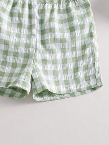 SHEIN Playful Pals 3件套女婴度假休闲纹理面料套装，包括衬衫、短裤和连体衣，适合日常度假和夏季穿着。 - 綠色 - 查看 8
