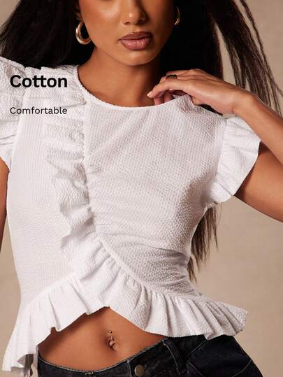 NYA SZN Blusa casual de uso diario versátil con cuello redondo y volantes de unicolor para mujer