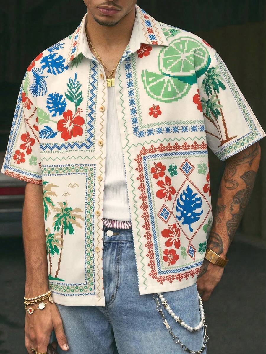 AXEPEAK Fashionable Street Style Floral Print Short Sleeve Shirt For Men - Multicolor - View 1