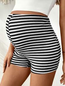 Lyckli Maternity Colorblock Striped Casual Shorts - Black and White - View 3