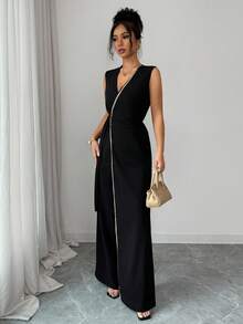 SHEIN Elenzya Elegant Black Sleeveless V-Neck Fitted Waist Jumpsuit, Suitable For Commuting, Travel, Party, Minimalist Design - Black - View 5