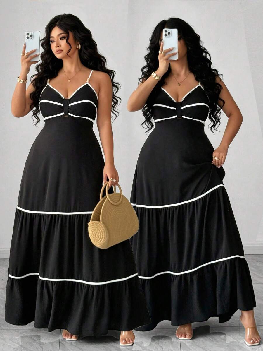 Elenzga 大码女装夏季新款黑白撞色度假风复古性感束腰木珠吊带连衣裙。适合场合：度假、日常休闲穿着、轻度社交场合、约会、正式活动、小型晚宴、小型派对、朋友聚会。 - 黑與白 - 查看 1