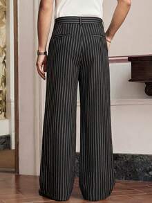 SWAVVY 男士条纹休闲直筒宽松裤，带口袋，百搭 - 黑色 - 查看 6