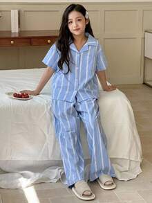 Dazy Kids 少女条纹长袖上衣和裤子家居服套装，秋夏季 - 藍色 - 查看 4