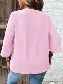 Weeklong Women Plus Size Lace Patchwork 3/4 Sleeve V-Neck Button Down Shirt,Blush Pink,Summer,Boho,Formal,Vacation,Holiday Light Top Flared Ruffle Hem Blouse - Baby Pink - View 2
