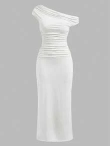SHEIN Girlism Đầm dệt kim màu trắng cho bé gái tuổi teen, kiểu dáng tối giản, thanh lịch, ôm sát, vai lệch, xếp ly eo, thích hợp cho ngày Valentine. - trắng - Xem 6