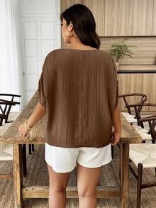 SHEIN LUNE 大码女式春夏圆领褶皱袖宽松休闲衬衫 - 棕色 - 查看 2
