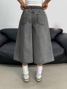 SHEIN Quần jean ống rộng dáng suông, cạp chun, chất liệu denim sáng màu, kiểu dáng Y2K dành cho nữ tuổi teen, thích hợp cho kỳ nghỉ hè, đi biển, phong cách boho, đi xem hòa nhạc, lễ hội, tiệc tùng, đi nhà thờ hay lễ tốt nghiệp. - màu đen - Xem 2
