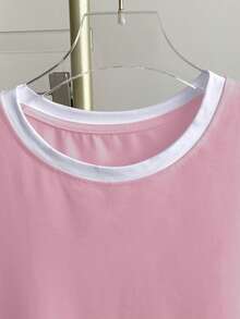 Resyla Plus Size Colorblock Minimalist Round Neck Short Sleeve T-Shirt - Pink - View 3