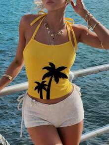 INAWLY Camiseta de tirantes con cuello halter y estampado de color contrastante para mujer - Amarillo - Ver 1