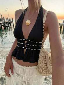Aloruh Women's Solid Color Halter Tie Rivet Decor Sexy Versatile Casual Top - Black - View 2