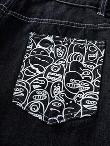 Manfinity Joysei 男士字母印花口袋宽松阔腿休闲牛仔裤 - 黑色 - 查看 4