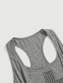 ROMWE Grunge Punk Millennium Y2K Style Deep Draped Neck Cross Metal Rivet Fitted Camisole - Light Grey - View 4