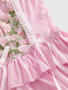 ROMWE Kawaii Delicate Embroidered Floral Wireless Ruffle Bow Sexy Lingerie Set For Women - Pink - View 4