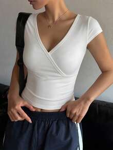 ajustada de manga corta y cuello cuadrado de unicolor para mujer, uso casual diario, tops cortos para mujer, tops lindos - Blanco 14 - Ver 5