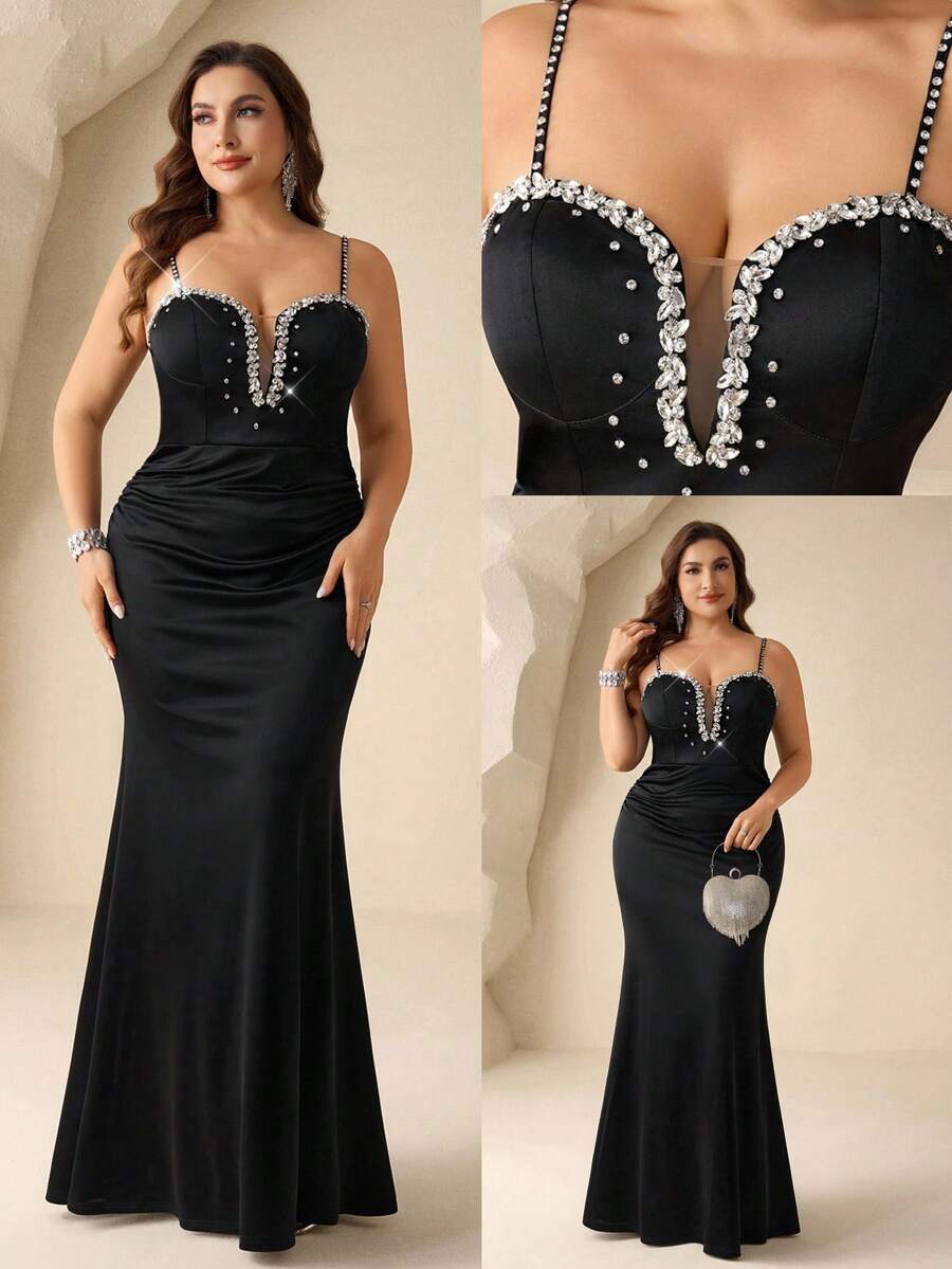 Coutiva 大码水钻装饰修身优雅正式晚礼服（重工装饰） - 黑色 - 查看 1