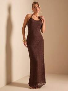 SHEIN BAE 女士棕色串珠吊带露背美人鱼蕾丝连衣裙，蕾丝连衣裙 - 鏽棕色 - 查看 4