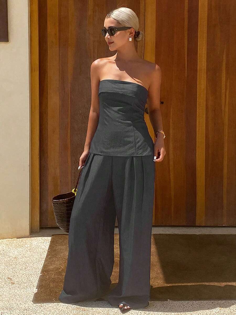 DAZY 女士纯色修身抹胸上衣和阔腿裤休闲度假夏季两件套家居服套装,女士短款套装 - 灰色 - 查看 1