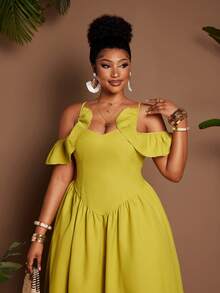 Maweii 大码纯色荷叶边露肩连衣裙 - 芥末黃 - 查看 2
