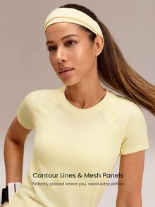 GLOWMODE Áo tập thể dục liền mạch, dáng ôm, tay ngắn, áo thun thể thao tập gym mùa hè - Màu vàng - Xem 7