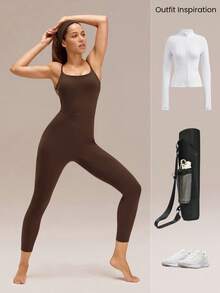 GLOWMODE 24英寸 FeatherFit™-Air Make The Cut 打结后背提臀连体衣，适合低强度瑜伽日常穿着，可拆卸胸垫，春夏款 - 咖啡棕 - 查看 8