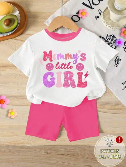 1 Set Baby Girls Casual Comfortable Fashion Minimalist Versatile Creative Cute Gold-Plated Colorful Letter Pattern Round Neck Short Sleeve T-Shirt And Shorts Set, "MAMA'S LITTLE GIRL" Letter Print T-Shirt Set