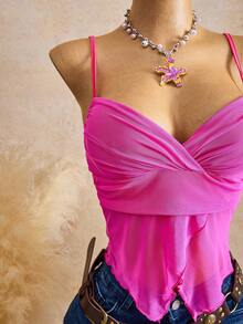 Femesol Women's Stretchy Mesh V-Neck Camisole Top - Hot Pink - View 4