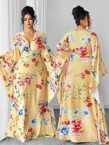 Elenzga Đầm dài tay dệt kim co giãn cao cấp màu vàng nền in họa tiết hoa lớn, dáng rộng, dành cho nữ cỡ lớn, đầm hoa cỡ lớn, áo kaftan cho nữ, đầm hè cho nữ, đầm quấn cho phụ nữ - Màu vàng - Xem 7