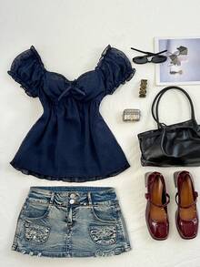 Elamini Áo kiểu nữ mùa hè thoải mái, cổ vuông, tay ngắn, có chi tiết khoét eo, thích hợp cho kỳ nghỉ, đi biển, hẹn hò, kiểu cổ áo hình trái tim đa năng. - Màu xanh hải quân - Xem 7