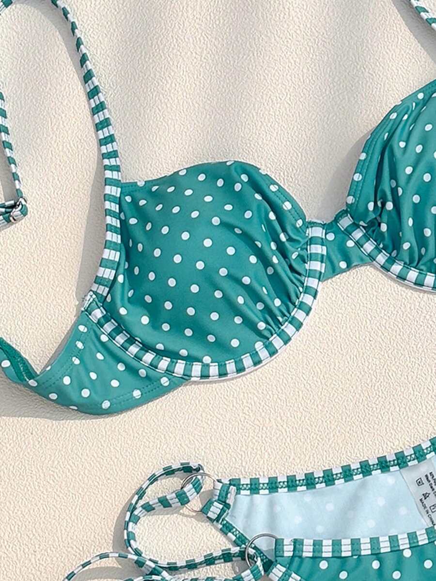 Swim Mod Bộ bikini hai mảnh gợi cảm, dây mảnh, hở lưng, họa tiết chấm bi, thời trang Xuân/Hè 2026 dành cho nữ. - màu xanh lá - Xem 1