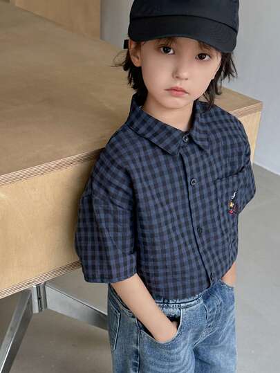 DAZY 男童夏季休闲日常通勤学校风卡通刺绣拼接格子印花短袖衬衫