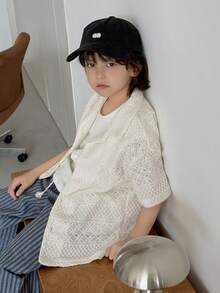 Dazy Kids 男童休闲度假风纯色纹理面料宽松衬衫，夏季 - 杏色 - 查看 3