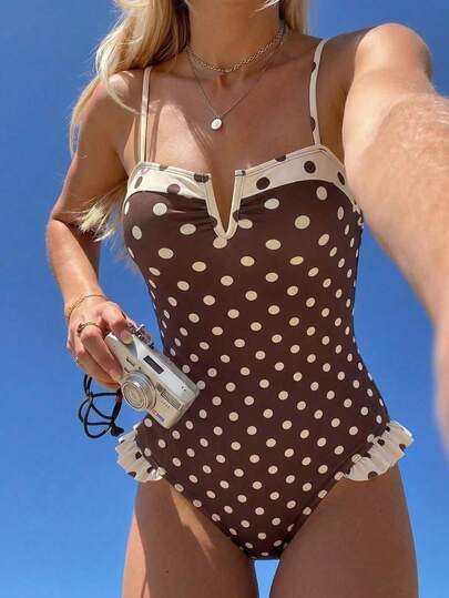 Swim SPRTY 2026春夏新款波点撞色荷叶边连体泳衣（女款）