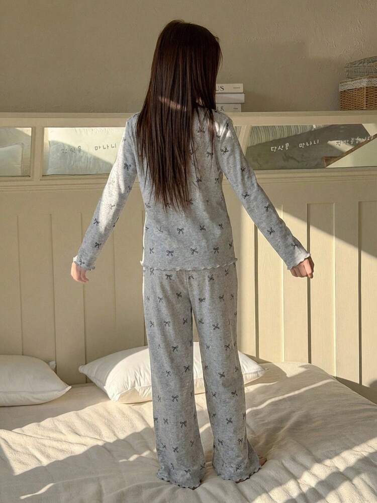 DAZY Tween Girl Butterfly Print Long Sleeve Button-Up Top, Camisole And Pants Pajama Set - Grey - View 2