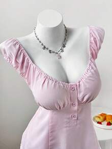 Sweetra Plus Size Summer Pink Waist Cinched Casual Commute Short Sleeve Shirt - Pink - View 4