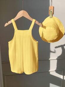 SHEIN 男女宝宝通用白色休闲连体衣套装，包含围兜裤和遮阳帽，适合春夏季居家或户外穿着 - 黃色 - 查看 2