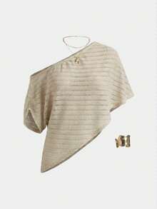 Pariaura Women's New Sexy Asymmetric Shoulder Elegant Casual Chic Versatile Feminine Slimming High-End Asymmetric Batwing Sleeve Loose Relaxed Knit Top, Spring/Summer - Khaki - View 3