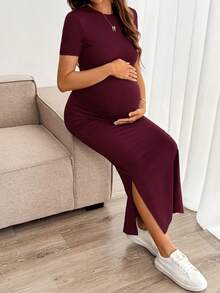 SHEIN Maternity Solid Color Round Neck Raglan Short Sleeve Fitted Split Hem Dress - Burgundy - View 6