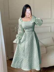 Feyla Women's Solid Color Square Neck Ruffle Hem Long Sleeve Dress Long Evening Dresses - Green - View 5